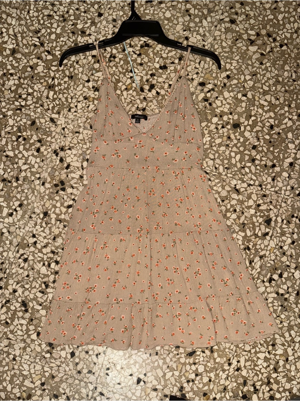 Ambiance Mini Dress in Light Taupe with Red Floral Print